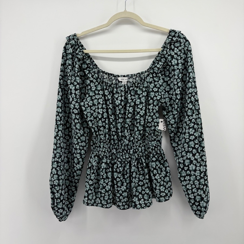 Nine West Womens XS Green Black Floral Peplum Top Smocked Waist Long Sleeve